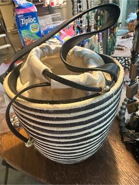 Striped Canvas Bucket Tote with Black Trim - Women Bags